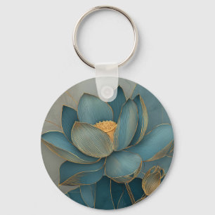 Teal and Gold Lotus Flower Geometric Line Art Zen Keychain