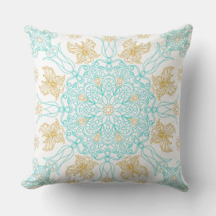 Teal and Gold Mandala with Butterfly Throw Pillow