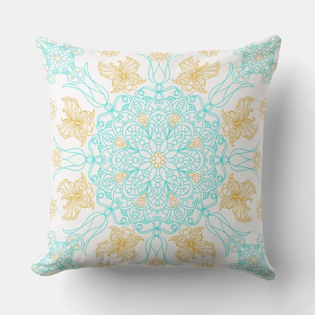 Teal and Gold Mandala with Butterfly Throw Pillow (Front)