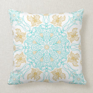 Teal and Gold Mandala with Butterfly Throw Pillow