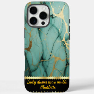 Teal and gold marble with intricate patterns iPhone 16 pro max case