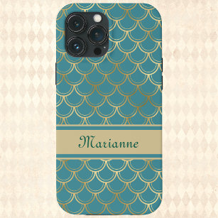 Teal and Gold Mermaid Scales with Monogram Name iPhone 13 Pro Max Case