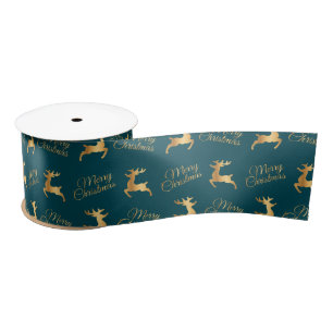 Teal and Gold Merry Christmas Word Art Satin Ribbon