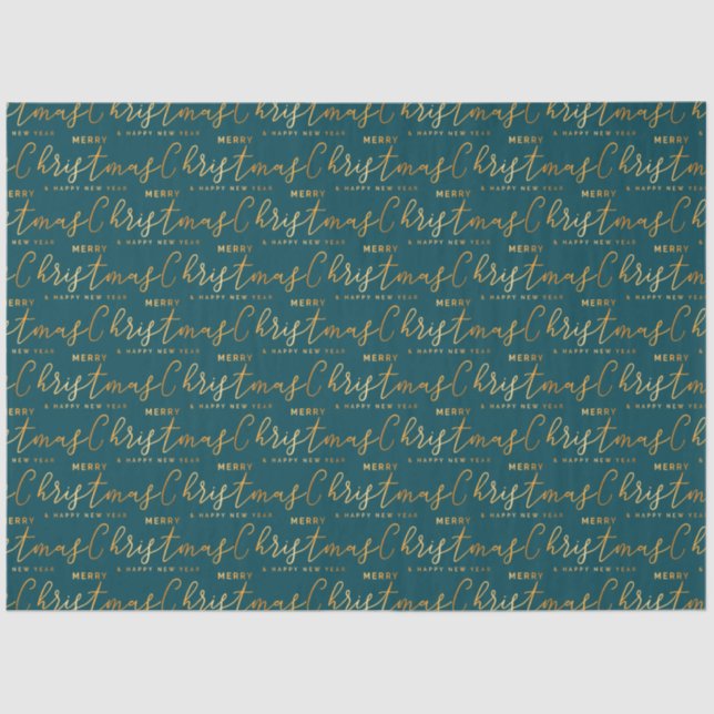 Teal and Gold Merry Christmas Word Art Tissue Paper (Front)