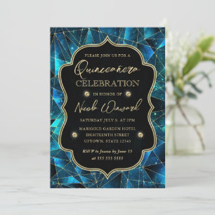 Teal and Gold Midnight Crystal Galaxy Quinceanera Invitation