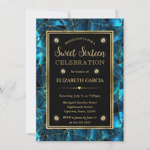 Teal and Gold Midnight Crystal Galaxy Sweet 16 Invitation