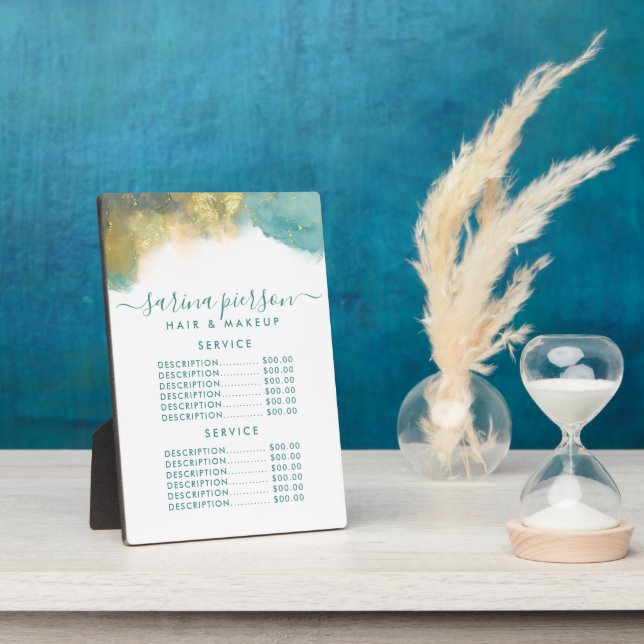 Teal And Gold Modern Art Liquid Ink Price Menu Plaque (Side)