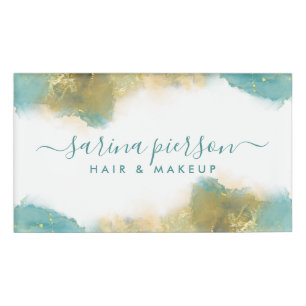 Teal And Gold Modern Art Liquid Watercolor Ink Name Tag
