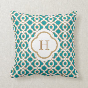 Teal and Gold Moroccan Monogram Throw Pillow