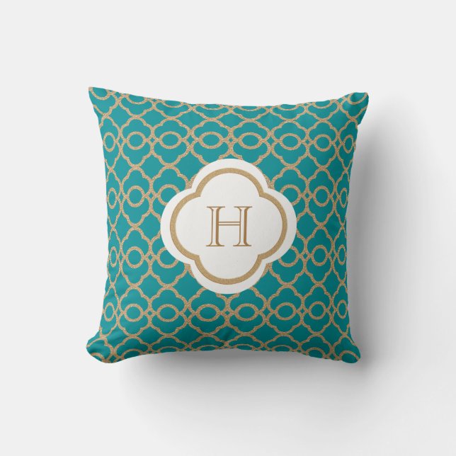 Teal and Gold Moroccan Monogram Throw Pillow (Front)