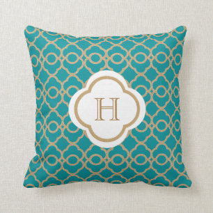 Teal and Gold Moroccan Monogram Throw Pillow