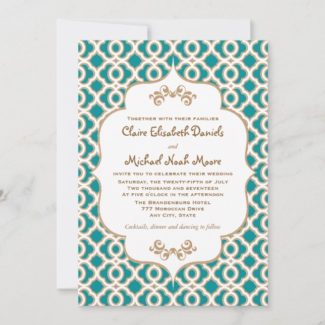 Teal and Gold Moroccan Wedding Invitations (Front)