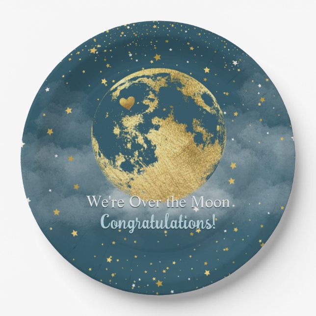 Teal and Gold Over the Moon Congratulations Paper Plate (Front)