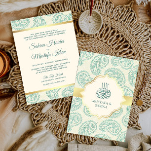 Teal and Gold Paisley Islamic Muslim Wedding Invitation