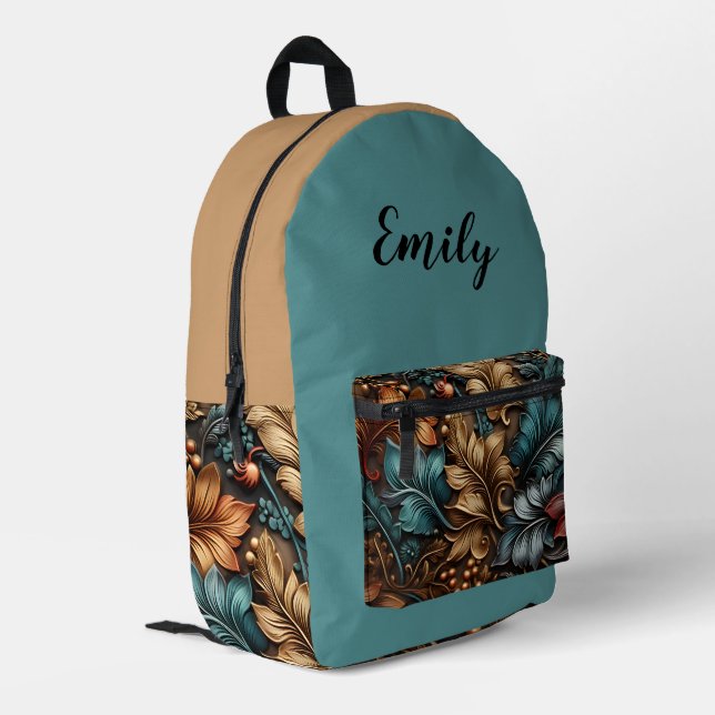 Teal and Gold, Paisley Printed Backpack (Back Corner Left)