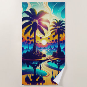 Teal And Gold Palm Trees Beach Towel