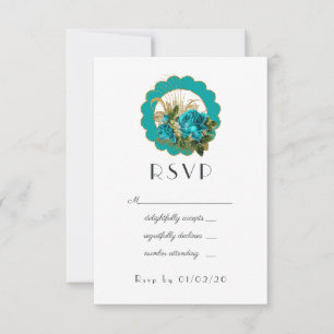 Teal and Gold Paris Art Deco Roses Wedding RSVP Card
