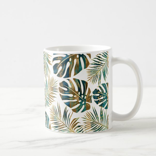 Teal and gold patterned tropical leaves coffee mug (Right)