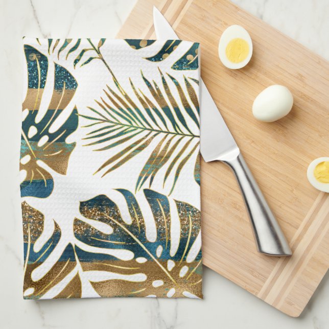 Teal and gold patterned tropical leaves kitchen towel (Quarter Fold)
