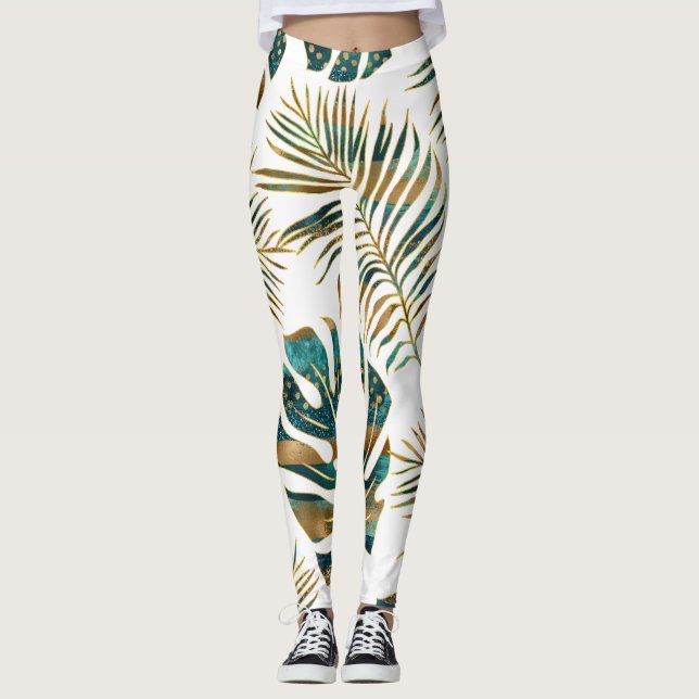 Teal and gold patterned tropical leaves leggings (Front)