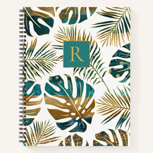 Teal and gold patterned tropical leaves, monogram notebook (Front)