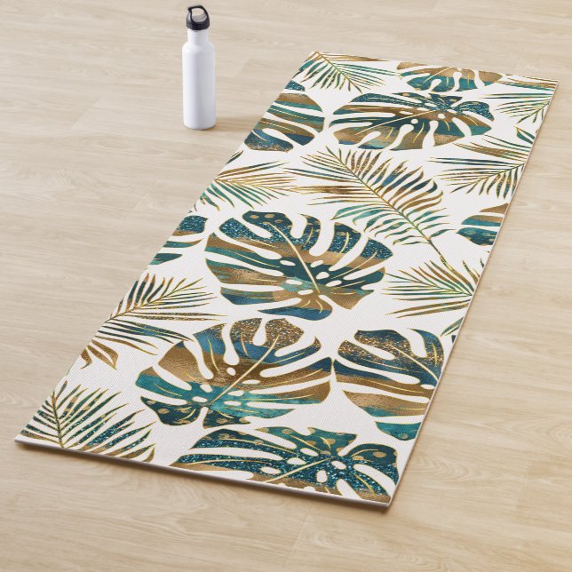 Teal and gold patterned tropical leaves yoga mat (In Situ)