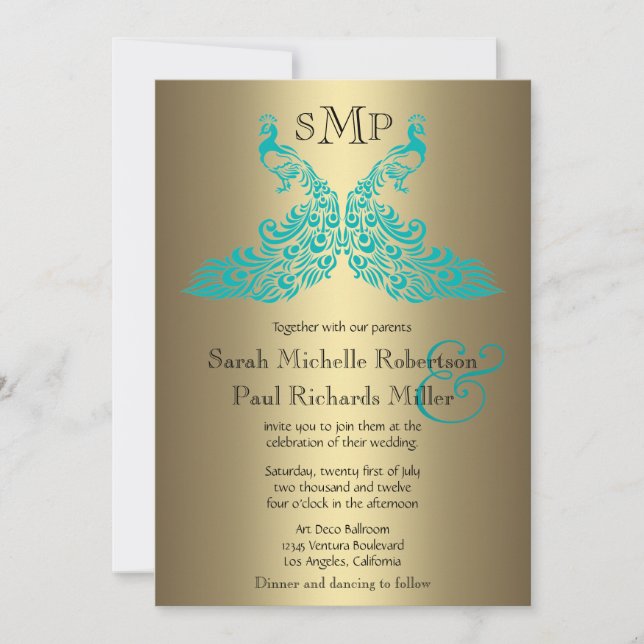 Teal and Gold Peacock Wedding Invitations (Front)