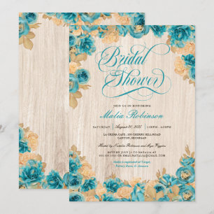 Teal and Gold Roses Elegant Rustic Bridal Shower Invitation