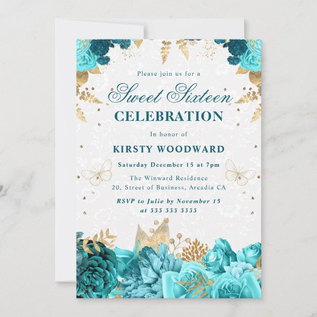 Teal and Gold Roses Floral Sweet Sixteen Invitat Invitation (Front)