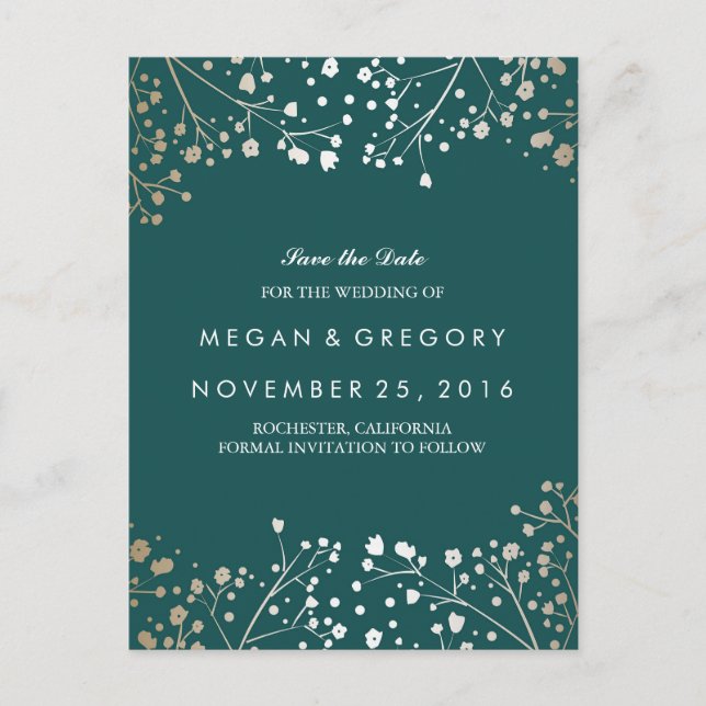 Teal and Gold Save the Date Announcement Postcard (Front)