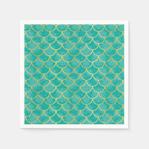 Teal and gold snowflake with fish scales pattern napkin