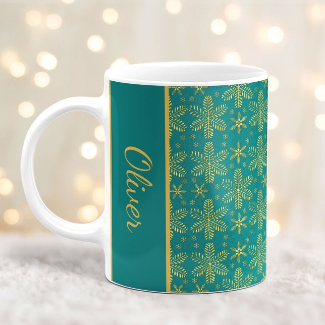 Teal and Gold Snowflakes Christmas Mug with Name (Creator Uploaded)