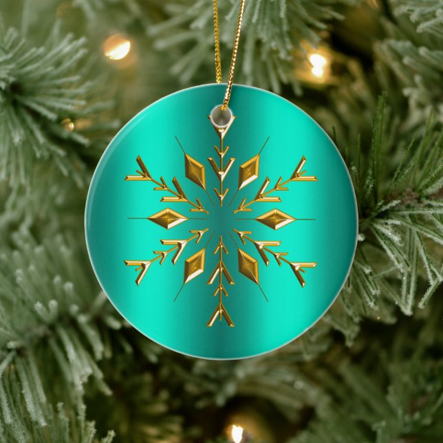Teal and Gold Star Christmas Ceramic Ornament (Tree)