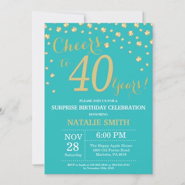 Teal and Gold Surprise 40th Birthday Diamond Invitation (Front)