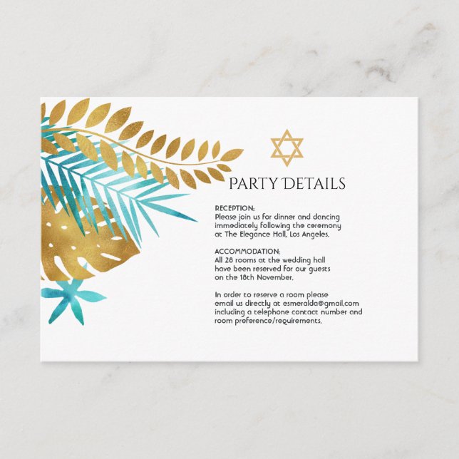 Teal and Gold Tropical Bat Mitzvah Party Details Enclosure Card (Front)
