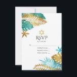 Teal and Gold Tropical Bat Mitzvah RSVP Card<br><div class="desc">Celebrate your Bat Mitzvah with this elegant and modern RSVP card. Featuring a design of teal and gold palm leaves with a prominent Star of David, this card perfectly blends a tropical theme with traditional Jewish elements. Fully customizable, it's ideal for setting the tone for a unique and memorable Bat...</div>