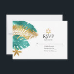 Teal and Gold Tropical Bat Mitzvah RSVP Card<br><div class="desc">Celebrate your Bat Mitzvah with this elegant and modern RSVP card. Featuring a design of teal and gold palm leaves with a prominent Star of David, this card perfectly blends a tropical theme with traditional Jewish elements. Fully customizable, it's ideal for setting the tone for a unique and memorable Bat...</div>