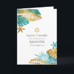 Teal and Gold Tropical Bat Mitzvah Thank You Card<br><div class="desc">Express your gratitude with this elegant thank-you card, perfect for a Bat Mitzvah or Jewish celebration. Featuring a tropical design with teal and gold palm leaves and a Star of David, this card beautifully blends modern style with traditional symbolism. Fully customizable, it's a thoughtful way to thank your guests for...</div>