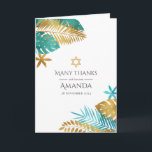 Teal and Gold Tropical Bat Mitzvah Thank You Card<br><div class="desc">Express your gratitude with this elegant thank-you card, perfect for a Bat Mitzvah or Jewish celebration. Featuring a tropical design with teal and gold palm leaves and a Star of David, this card beautifully blends modern style with traditional symbolism. Fully customizable, it's a thoughtful way to thank your guests for...</div>