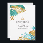 Teal and Gold Tropical Bat Mitzvah Thank You Card<br><div class="desc">Express your gratitude with this elegant thank-you card, perfect for a Bat Mitzvah or Jewish celebration. Featuring a tropical design with teal and gold palm leaves and a Star of David, this card beautifully blends modern style with traditional symbolism. Fully customizable, it's a thoughtful way to thank your guests for...</div>