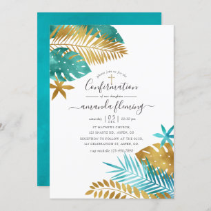 Teal and Gold Tropical Confirmation Invitation
