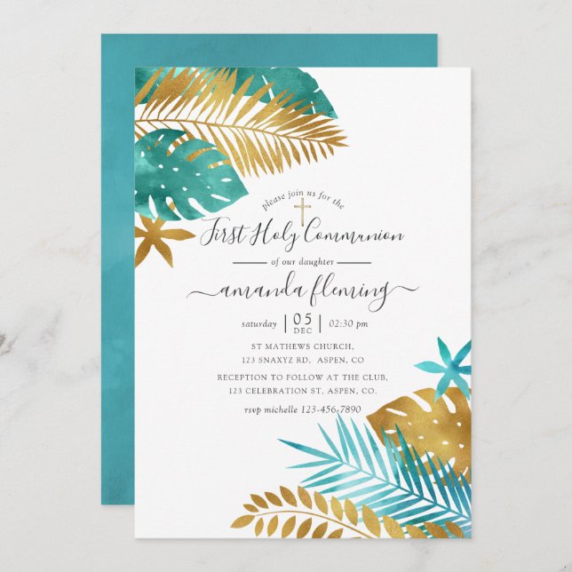 Teal and Gold Tropical First Holy Communion Invitation (Front/Back)