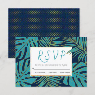Teal and gold tropical leaves navy blue wedding RSVP card