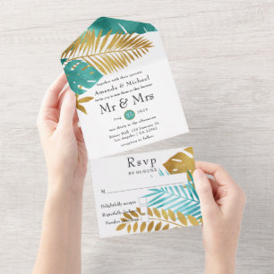 Teal and Gold Tropical Wedding All In One Invitati All In One Invitation