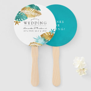 Teal and Gold Tropical Wedding Favour Hand Fan