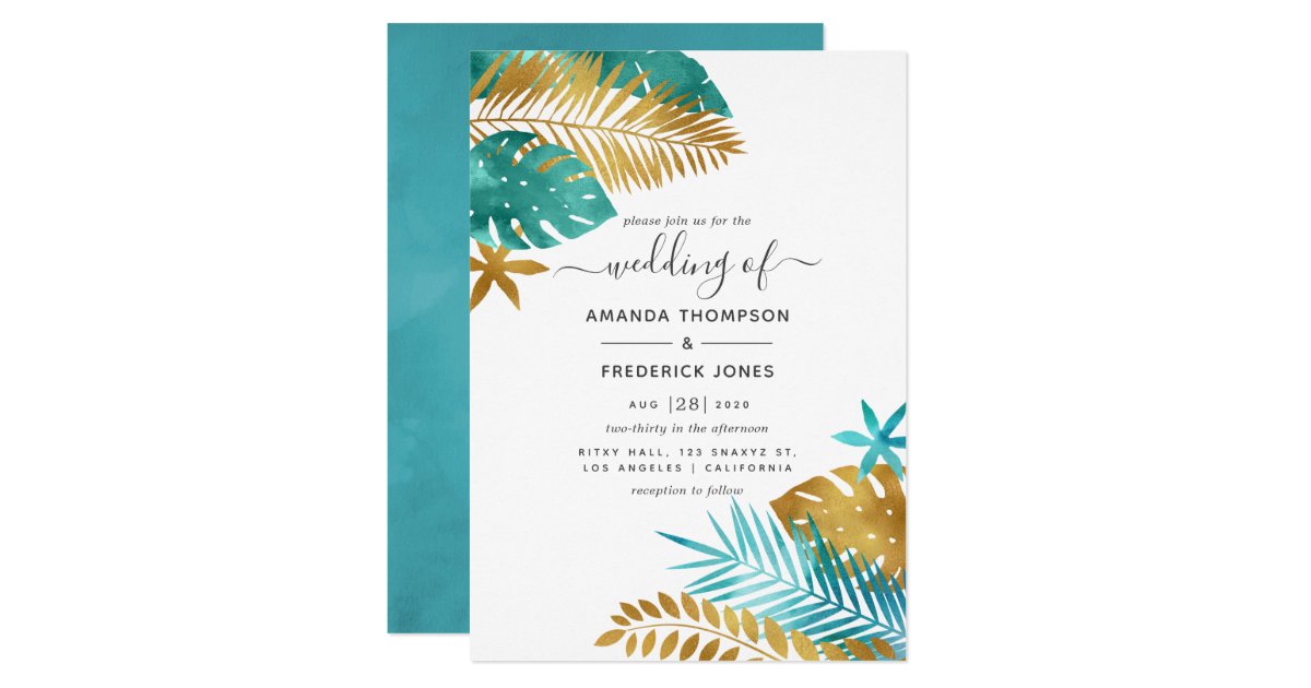 Teal and Gold Tropical Wedding Invitation Zazzle.ca