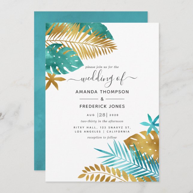 Teal and Gold Tropical Wedding Invitation (Front/Back)