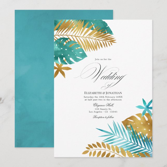 Teal and Gold Tropical Wedding Invitation (Front/Back)
