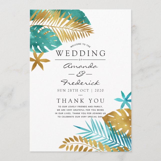 Teal and Gold Tropical Wedding Program (Front)