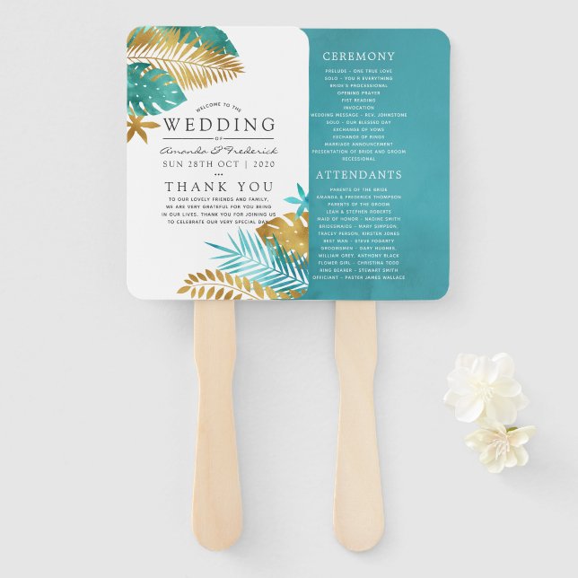 Teal and Gold Tropical Wedding Program Hand Fan (Front and Back)
